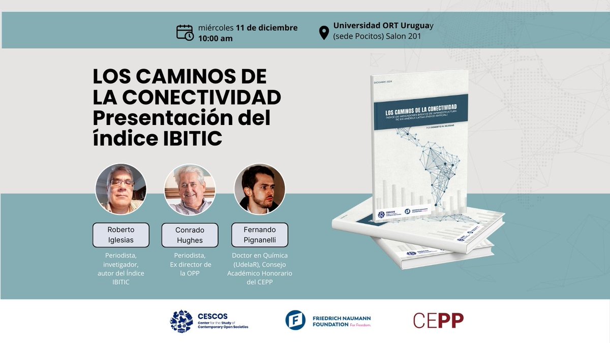 FNFSudamerica's tweet photo. #Uruguay 🇺🇾

🔺 Los Caminos de la Conectividad: Índice IBITIC

➡️ Mañana estaremos junto a @centercescos y @CEPP_UY en Montevideo presentando el análisis sobre el estado de la conectividad en América Latina.

‼️ @RHIglesias, @conradoh47 y Fernando Pignanelli presentarán el trabajo.

📣 Inscripción: contacto@cescos.org 

#FNFArgentina