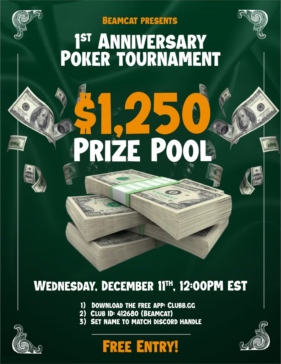 🚨 Beamcat Poker Night: Anniversary Edition 🚨

Less than 24 hours until the cards hit the table! 250 players are already in, but there’s still time for YOU to join the $1250 prize pool action. 🎉 

Free to play for everyone! Don’t miss out - register now! 💰

❓ How to Join: