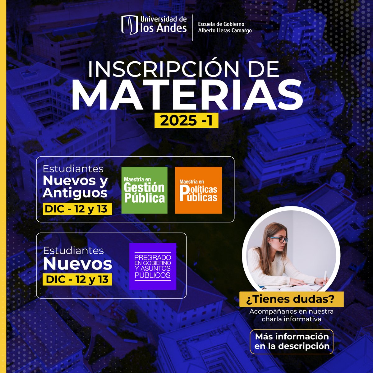 ¡Estudiantes! Los esperamos  hoy para aclarar dudas sobre las inscripciones de materias:
📍Estudiantes nuevos de pregrado: 5:00 P.M. bit.ly/4iwWLNc
📍Estudiantes nuevos y antiguos de Maestría en Políticas Públicas 6:00 P.M. bit.ly/3OLUUX5
📍Estudiantes nuevos y