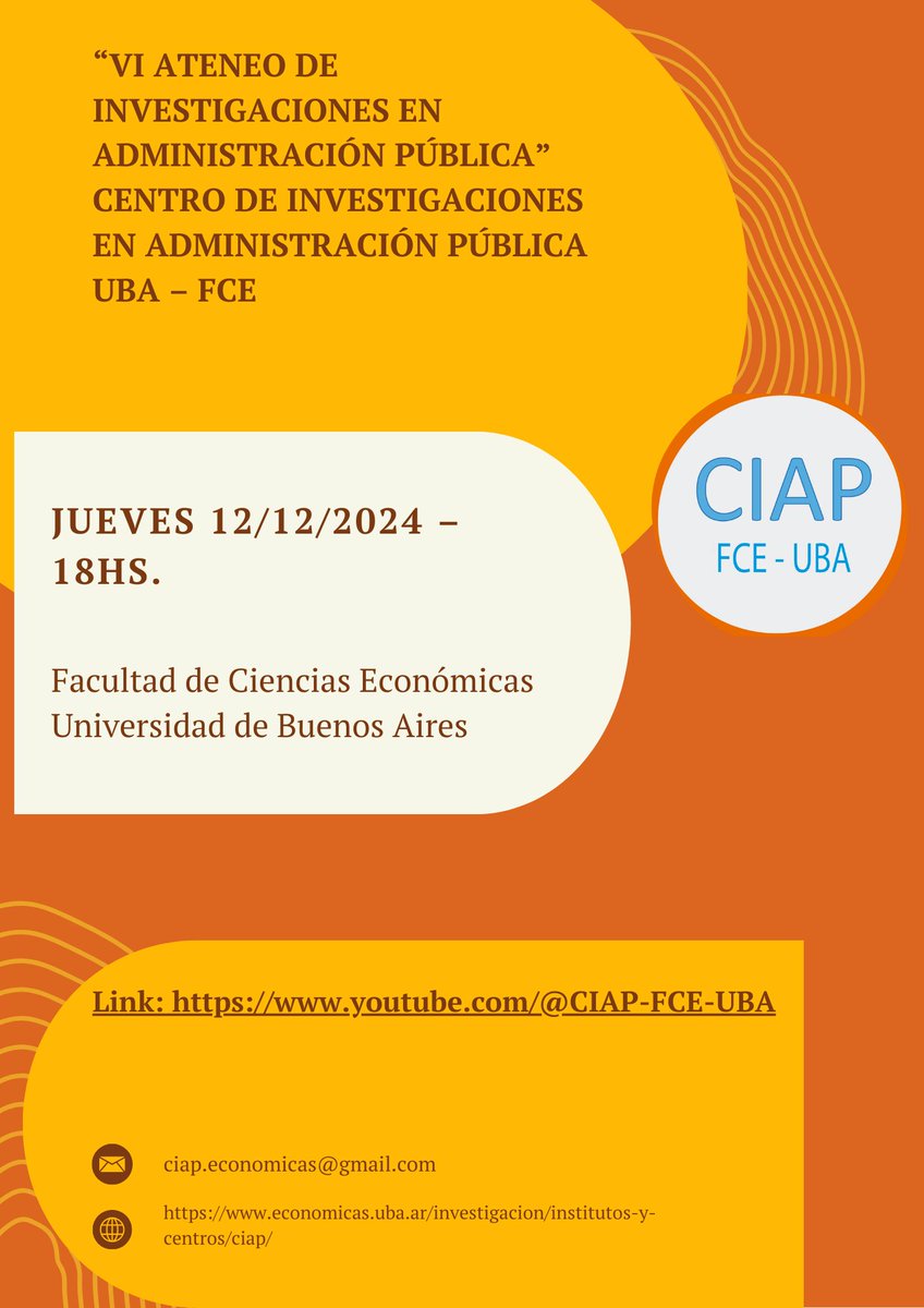 CIAP - FCE - UBA (@ciap_uba) on Twitter photo 🗣️Las/os invitamos a participar del "VI Ateneo de Investigaciones en Administración Pública" organizado por el Centro de Investigaciones en Administración Pública perteneciente a UBA – FCE
📆12 /12/2024
⏰18 hs.
Link: youtube.com/@CIAP-FCE-UBA
<a href="/UBAInvestiga/">UBA Investigación</a> <a href="/FCEinvestiga/">Investigación FCE</a> 🗣️Las/os invitamos a participar del "VI Ateneo de Investigaciones en Administración Pública" organizado por el Centro de Investigaciones en Administración Pública perteneciente a UBA – FCE
📆12 /12/2024
⏰18 hs.
Link: youtube.com/@CIAP-FCE-UBA
<a href="/UBAInvestiga/">UBA Investigación</a> <a href="/FCEinvestiga/">Investigación FCE</a>