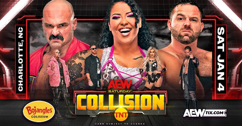 AEW's tweet photo. CHARLOTTE! @AEW brings you an action-packed night of professional wrestling as AEW Collision invades Bojangles Coliseum, January 4th! Tickets on sale NOW!