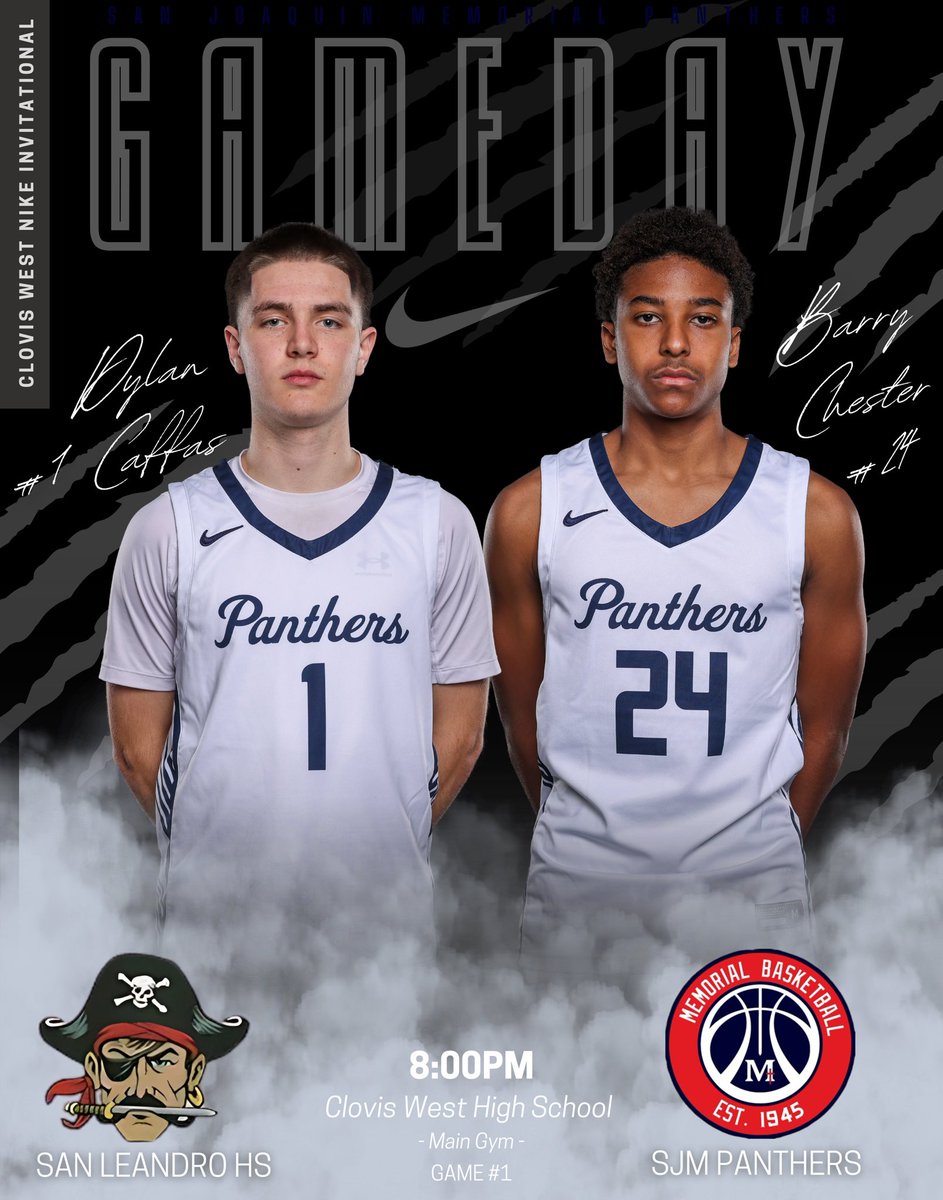 Memorial Basketball is back at it again tonight 💯 opening up Game 1️⃣ of the 2024 CW Nike Invitational against San Leandro HS 🏀

🆚  San Leandro Pirates  (CA)

⌚️  8:00pm

📍  Clovis West High School   |   Main Gym

🏆  2024 CW Nike Invitational   |   Game  1️⃣

#DYJ