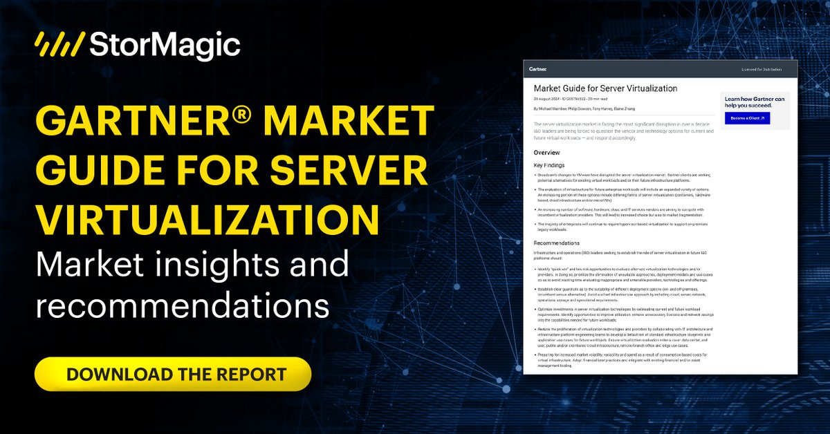 StorMagic's tweet image. The Gartner® Market Guide for Server Virtualization is a must-read for decision-makers, offering insights on:
▪️Market overview & key planning assumptions
▪️Future direction of #ServerVirtualization
▪️Market changes, challenges & advice
Download it here: hubs.ly/Q02_7J880