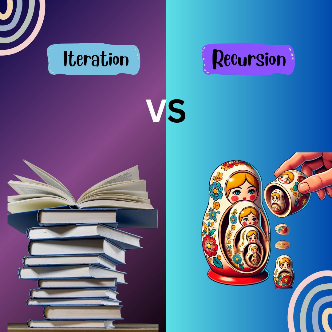 Iteration vs. Recursion: 

Iteration is like unstacking books one by one, step by step. 📚
Recursion is like opening Russian nesting dolls, going deeper each time. 🪆

Which approach do you prefer? 🤔 
#Coding #Recursion #Iteration #Programming #Technology #learn #Interviews