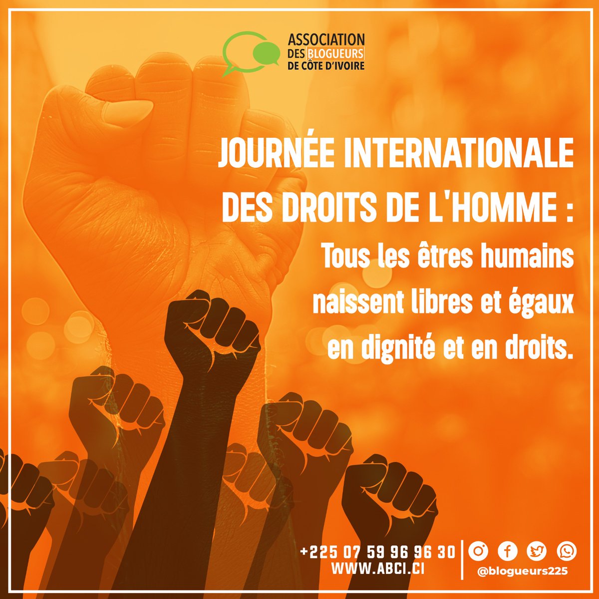Chaque 10 Décembre, nous célébrons la Journée Internationale des Droits de l'Homme. Parce que chaque vie est précieuse, l'ABCI s'engage à Promouvoir, Vulgariser et Défendre les droits de l'Homme.

🟡 abci.ci 
📲+225 0759969630
#Blogueurs225 #ABCI225