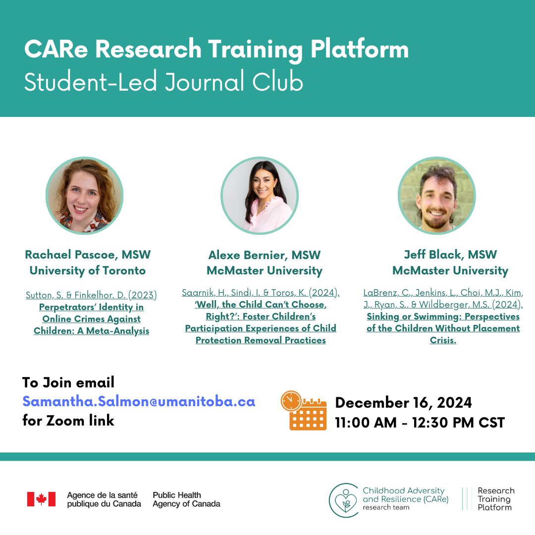 Please join us for the CARe RTP Student-Led Journal Club on Monday, December 16, 2024, 11:00 AM to 12:30 PM (Winnipeg time). Three students will present recently published journal articles, followed by a group discussion.
