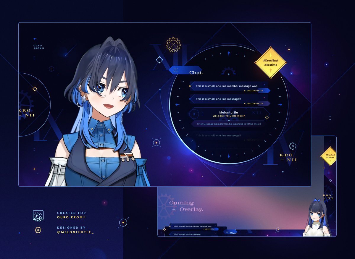I had the honor of designing a refreshed overlay set &amp; chat widget for <a href="/ourokronii/">Ouro Kronii⏳holoEN</a> ~ now in a starry theme!! ⏳✨

#kronillust 💙
