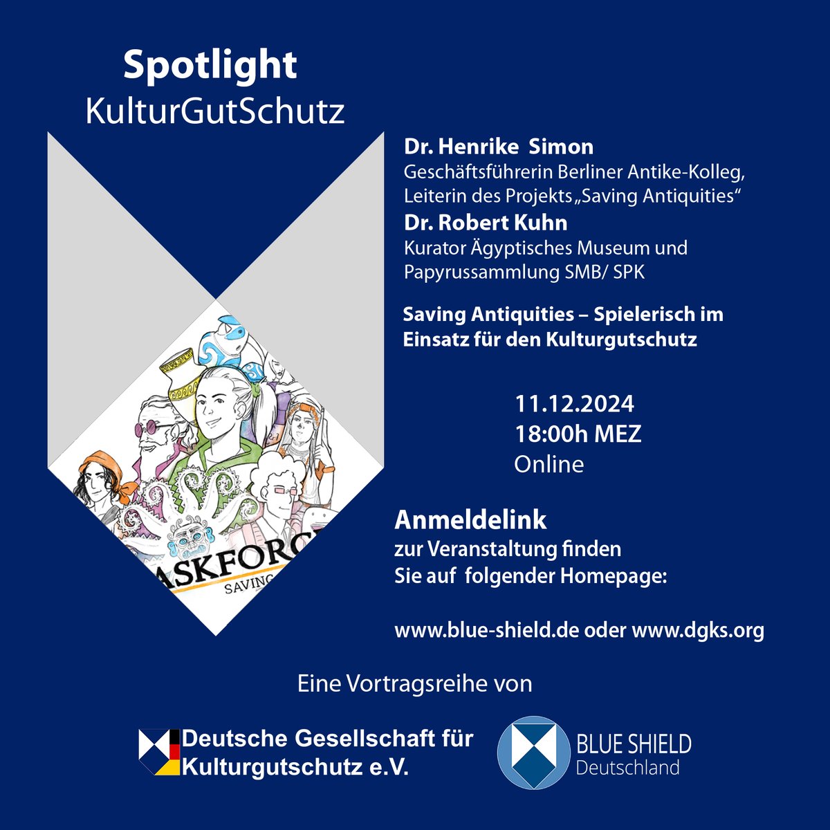 Am Mittwoch, 11.12., um 18 Uhr sprechen Dr. Henrike Simon und Dr. Robert Kuhn über "Saving Antiquities - Spielerisch im Einsatz für den Kulturgutschutz" in unserer Vortragreihe Spotlight KulturGutSchutz, die wir zusammen mit der #dkgs durchführen.