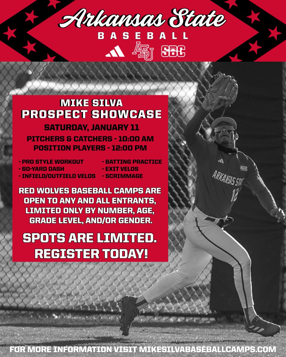 Arkansas State Red Wolves Baseball (@astatebaseball) on Twitter photo Registration for the latest Mike Silva Prospect Showcase Camp is open!
๐: bit.ly/49yh4p2
#WolvesUp๐บ Registration for the latest Mike Silva Prospect Showcase Camp is open!
๐: bit.ly/49yh4p2
#WolvesUp๐บ