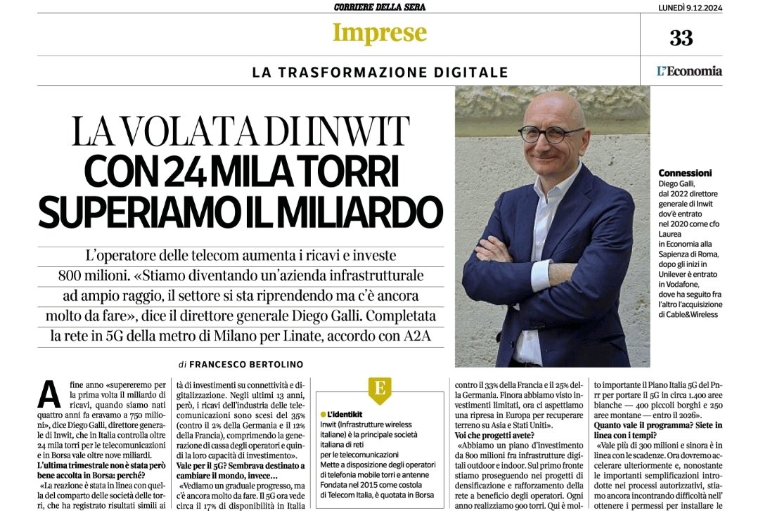 L'intervista di #DiegoGalli  a <a href="/L_Economia/">Corriere L'Economia</a>
🎙Crescita di #INWIT:

✅️ >24.000 #torri e 600 #DAS
✅️ +7,6% #ricavi 
✅️ 800 mln #investimenti #infrastrutture digitali e condivise x #5G e #digitalizzazione
✅️ #smartcity a #Milano con <a href="/A2ASmartCity/">A2ASmartCity</a>
e #Roma5G
<a href="/INWIT_Official/">INWIT</a>
