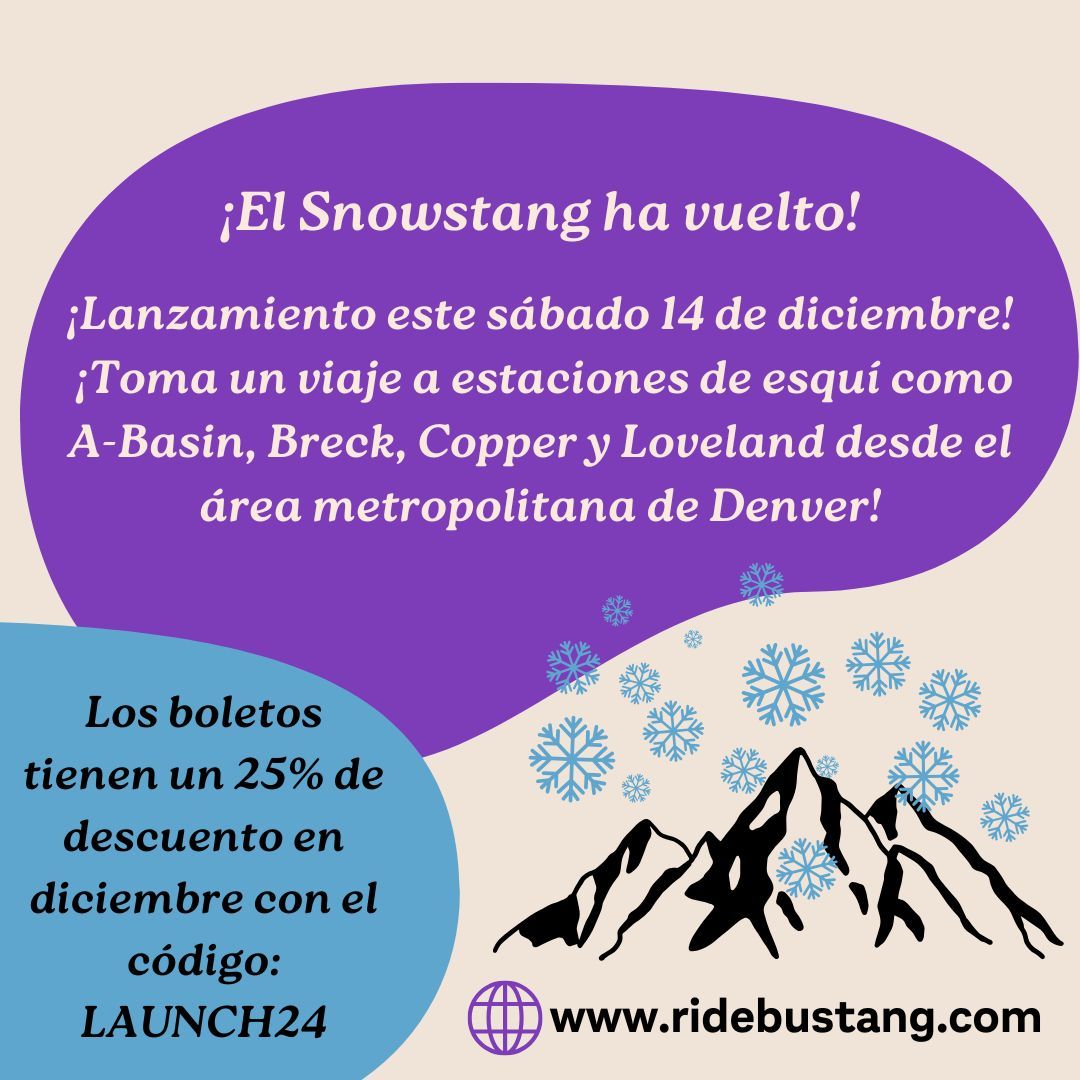 ❄️ ⛷️ 🚍 The Snowstang is back! Launching this Sat., Dec. 14th catch a ride from the Denver Metro area to A-Basin, Breckenridge, Copper, and Loveland ski resorts. This route runs seasonally from Dec. 14th to May 4th. Use the code LAUNCH24 to get 25% off travel through Dec. 29th.