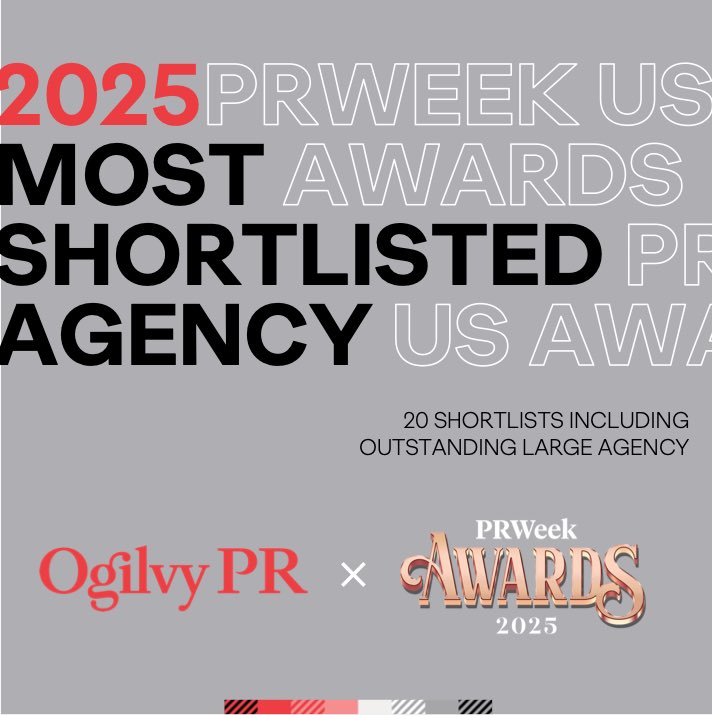 Ogilvy's tweet image. We're thrilled to be heading into the 2025 @PRWeekUS Awards with 20 shortlists including Outstanding Large Agency. Congratulations to @OgilvyPR &amp;amp; their remarkably dedicated teams!💪🏆 #BorderlessCreativity #TeamOgilvy  Details: bit.ly/4g9Hz6U ￼