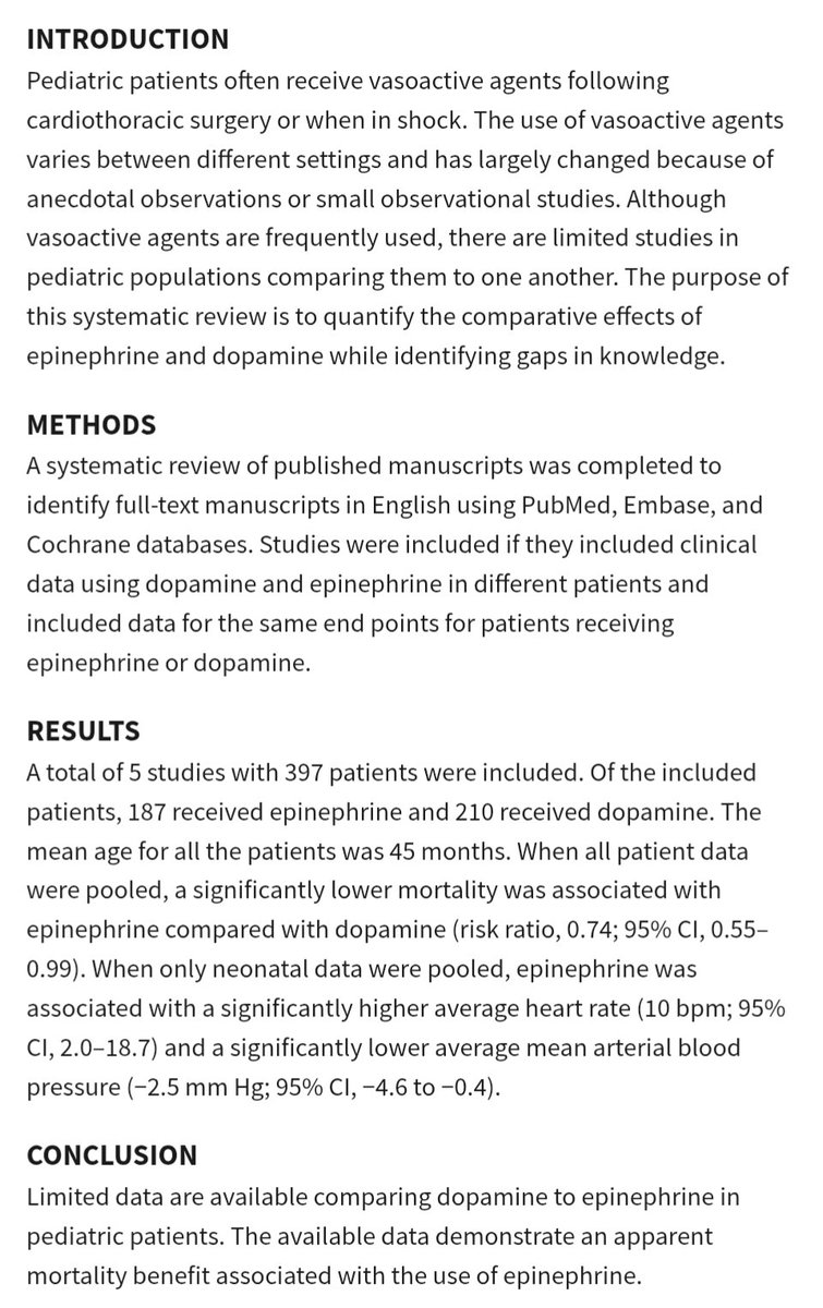 loomba_rohit's tweet photo. Pooled analyses comparing epinephrine &amp; dopamine in #pediatric patients. Epi is my go to. Usually add milrinone next as data indicate benefit of an inodilator strategy.

#pedsicu #icu #criticalcare #pedscards #pedscicu #cicu #criticalcare #MedTwitter

https://t.co/G1aFEZWFK0 https://t.co/5DcPFWJyBj