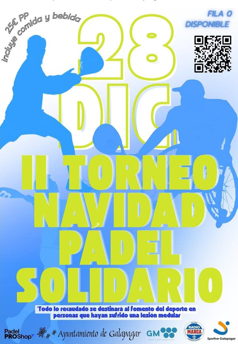 El ex ciclista profesional Sergio Román Martín, el Ayuntamiento de Galapagar y GM Sports organizan un Torneo de Pádel Solidario (28 de diciembre) cuya recaudación irá destinada a que personas que han sufrido una lesión medular puedan hacer deporte. + INFO:
facebook.com/ciclismoafondo…