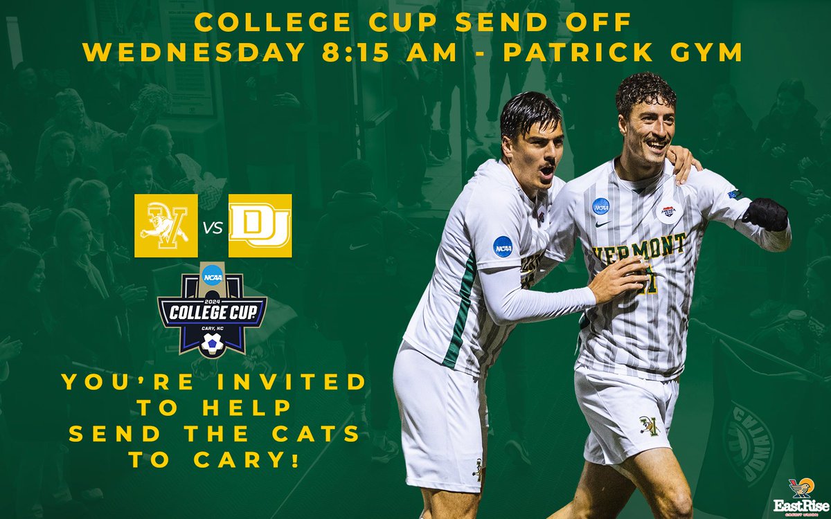 𝗖𝗢𝗟𝗟𝗘𝗚𝗘 𝗖𝗨𝗣 𝗦𝗘𝗡𝗗 𝗢𝗙𝗙

Join us in the Patrick Gym Lobby at 8:15 a.m. Wednesday to send <a href="/UVMmsoccer/">UVM Men's Soccer</a> off to Cary for their first-ever College Cup appearance!
#LetsRally | <a href="/NCAASoccer/">NCAA Soccer</a>