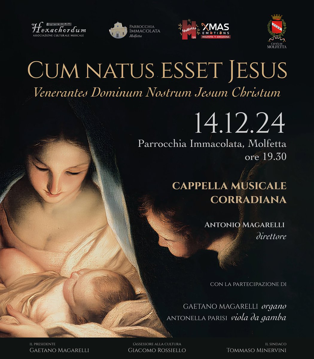 CCorradiana's tweet photo. 💫 CUM NATUS ESSET JESUS
Venerantes Dominum Nostrum Jesum Christum 

Doppio appuntamento della Cappella Musicale Corradiana:
✨ sabato 14.12.24, Parrocchia Immacolata - Molfetta, ore 19:30
✨ lunedì 16.12.24, Chiesa di San Domenico, Ruvo di Puglia, ore 20:30

Vi aspettiamo! https://t.co/d39WLqJDTd