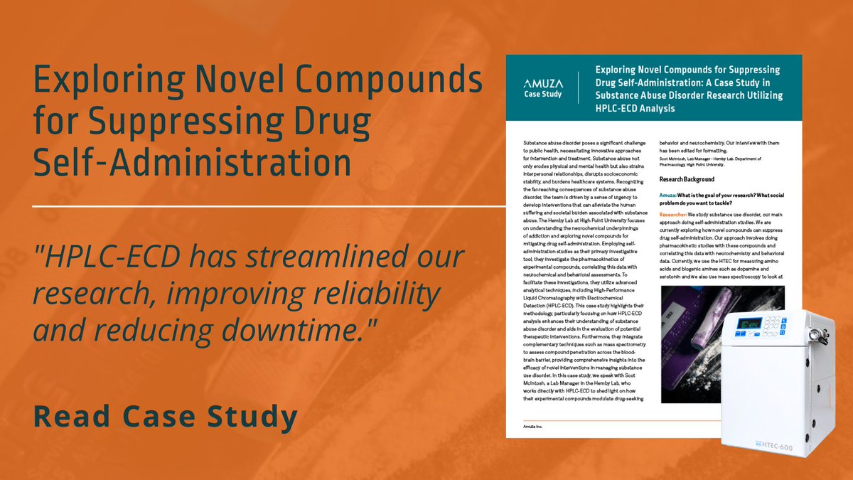 AmuzaInc's tweet image. Breaking new ground in addiction research!

The Hemby Lab uses HPLC-ECD analysis to explore compounds that suppress drug self-administration, aiming to tackle substance abuse disorders.

amuzainc.com/case-study-sub…

#AddictionResearch #HPLC #NeuroscienceTools