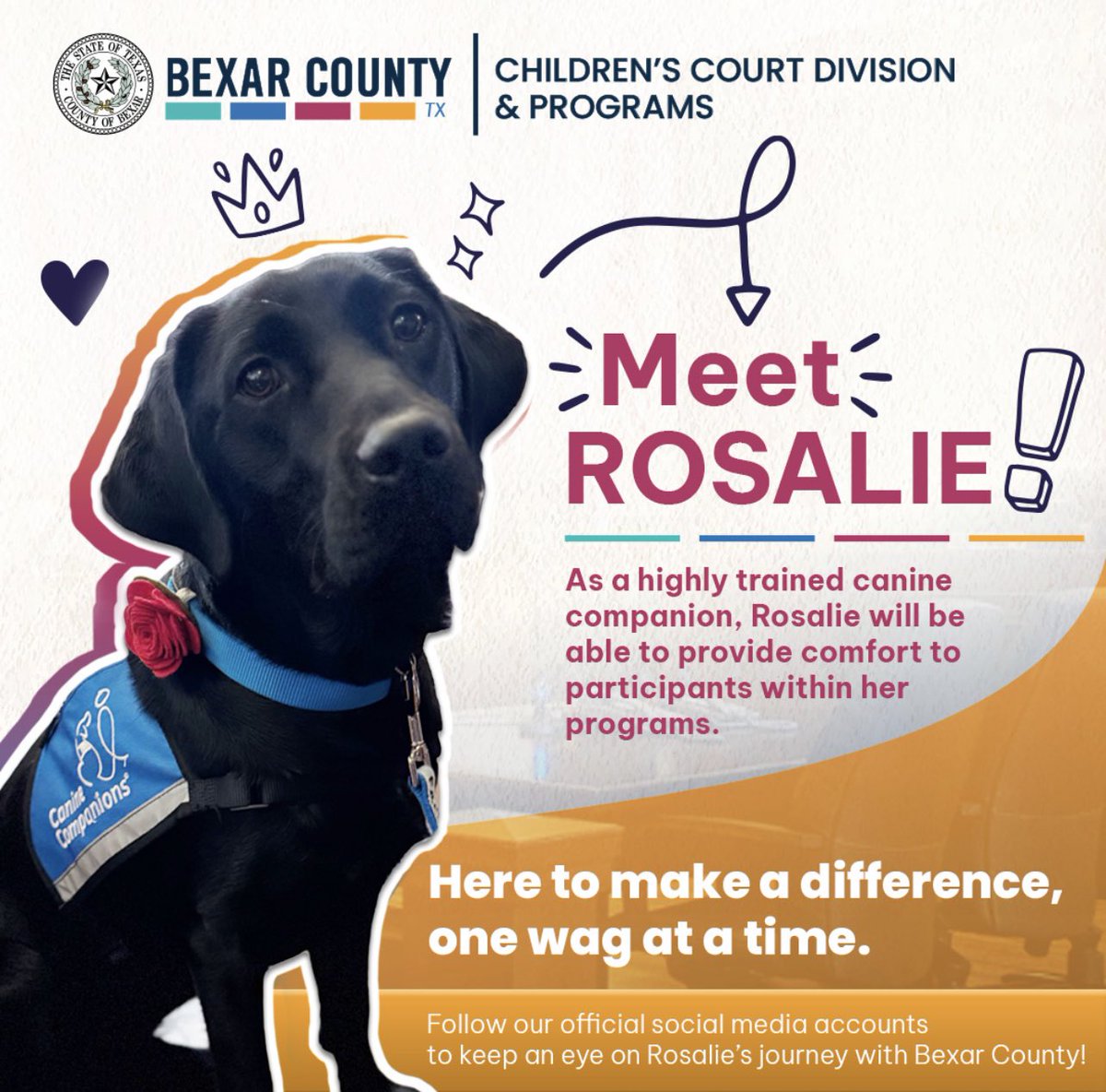 Commissioners Court approved a heartwarming addition to the Children's Court Division: Rosalie! A highly trained Labrador Retriever from Canine Companions, a 501(c)(3) organization.
 
Rosalie's presence will provide comfort and a sense of security during stressful moments.🐶