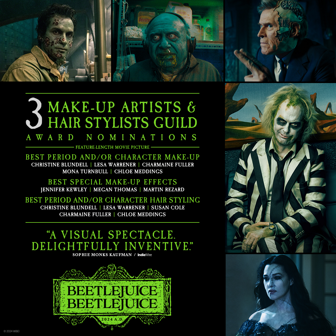 Beetlejuice (@beetlejuice) on Twitter photo Congratulations to our incredible hair & make-up team on being nominated for the <a href="/MUAHSawards/">The MUAHS Awards</a> for Best Period and/or Character Make-Up, Best Special Make-Up Effects, and Best Period and/or Character Hairstyling for their work on #Beetlejuice #Beetlejuice! Congratulations to our incredible hair & make-up team on being nominated for the <a href="/MUAHSawards/">The MUAHS Awards</a> for Best Period and/or Character Make-Up, Best Special Make-Up Effects, and Best Period and/or Character Hairstyling for their work on #Beetlejuice #Beetlejuice!