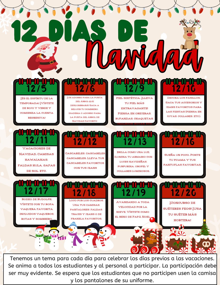 Slight typo was found in previous flyer- please use this for your reference on our 12 days of Christmas! Se encontró un error tipográfico en el folleto anterior. ¡Utilíce este como referencia durante nuestros 12 días de Navidad!