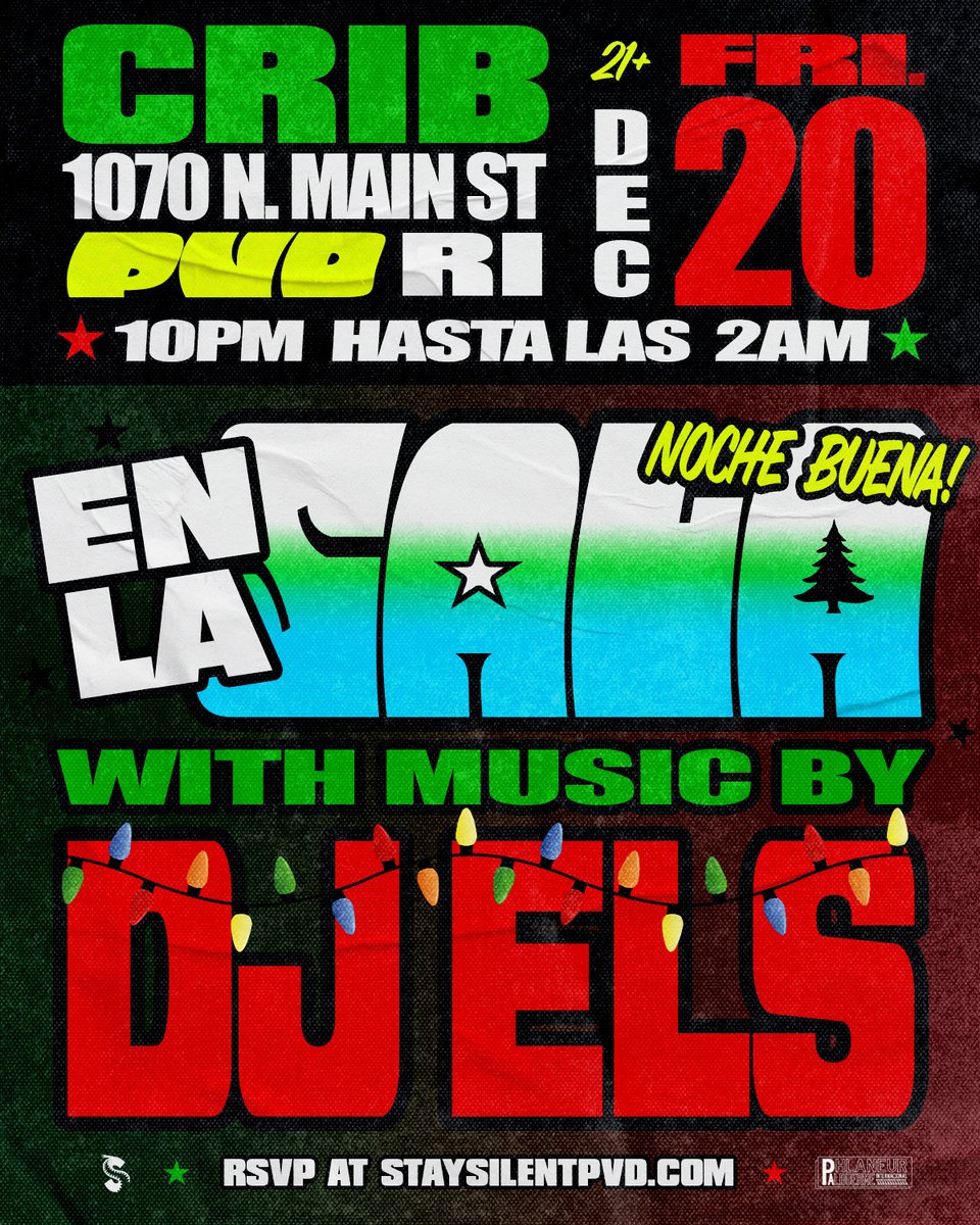 staysilentpvd's tweet image. Join us for a special EN LA SALA: Noche Buena on Friday, December 20th at @cribpvd.⁠

Live music by @djels. Salsa, Merengue, Bachata, Cumbia, Reggaeton, Dembow, and much more all night long!⁠

Tickets: staysilent.co/8e419e