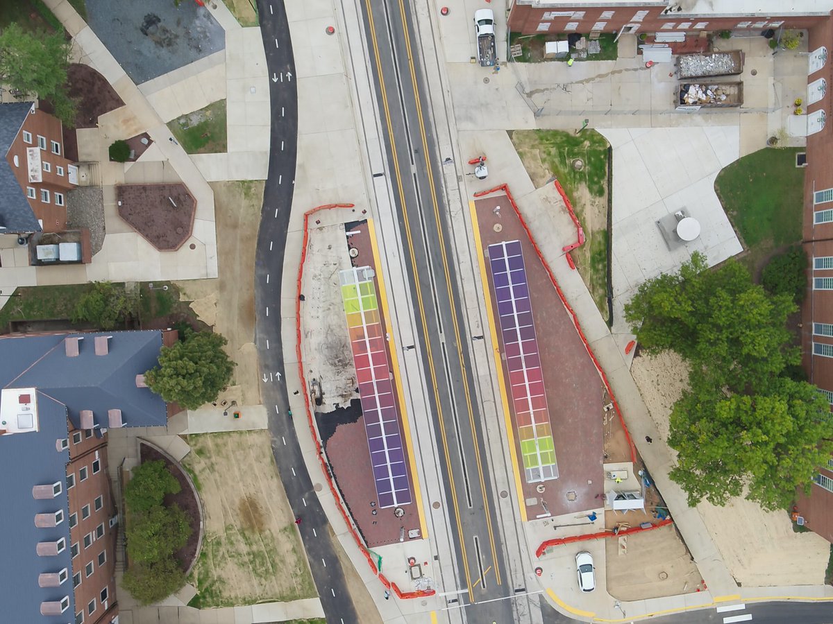 PurpleLineMD's tweet photo. Check out the Campus Drive-@UofMaryland Station! The new glass panels change with sunlight, creating a vibrant display. Watch our video on YouTube https://t.co/f8NcKBxBBL. #connectingcommunities #PurpleLineprogress #collegepark #MDOTcares #UMDCampus #PurpleLine https://t.co/kzCdDdIDtx