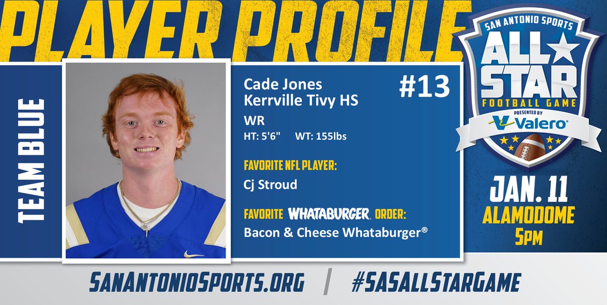 SA_Sports's tweet photo. Meet @cadejones06 from @TIVYHS who will compete in the San Antonio Sports All-Star Football Game pres. by @ValeroEnergy at the Alamodome on Jan. 11! #SASAllStarGame @Whataburger
@CJ7STROUD 

@TFNDFootball  
@kerrvilleisd https://t.co/h1WnSIoYn6