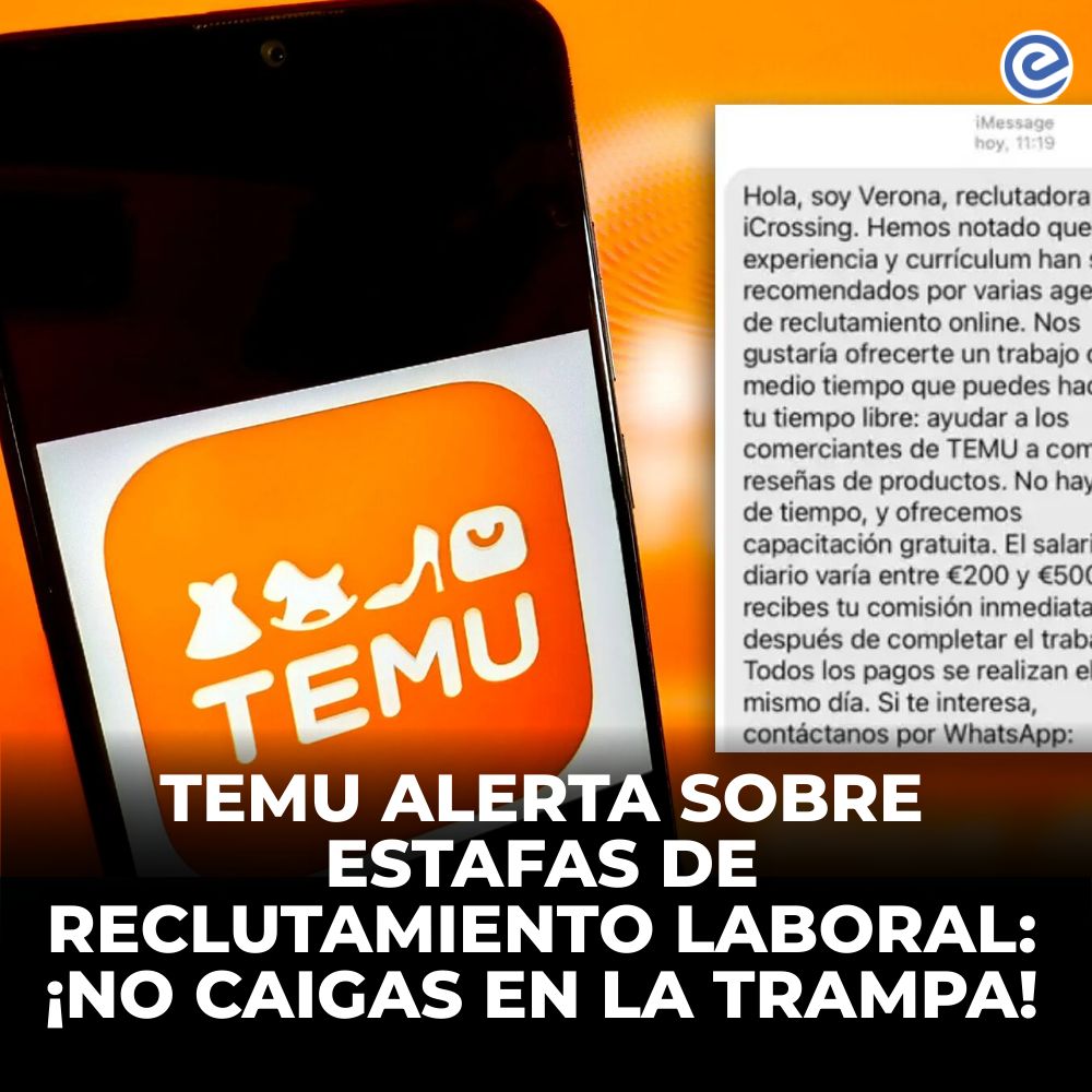 ecuadoraldia365's tweet photo. 🔵 ¡Alerta! Temu advierte sobre mensajes falsos de reclutamiento de personal. No caigas en engaños, denuncia cualquier intento de fraude laboral. #FalsoEmpleo #DenunciaFraude 
Conoce más 👉https://t.co/H9ufJUACo9 https://t.co/r4NYX8q5GX