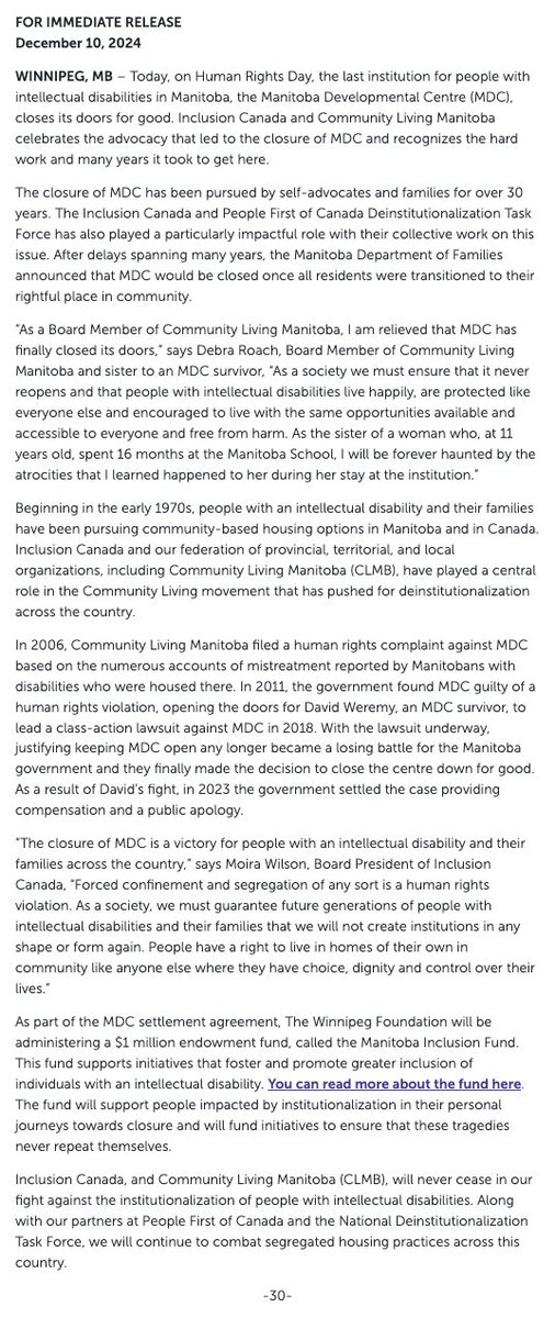 PRESS RELEASE: MANITOBA’S LAST INSTITUTION FOR PEOPLE WITH INTELLECTUAL DISABILITIES NOW CLOSED PERMANENTLY

On #HumanRightsDay, the last institution for people with intellectual disabilities in #MB closes for good.

Read more here: inclusioncanada.ca/2024/12/10/pre…