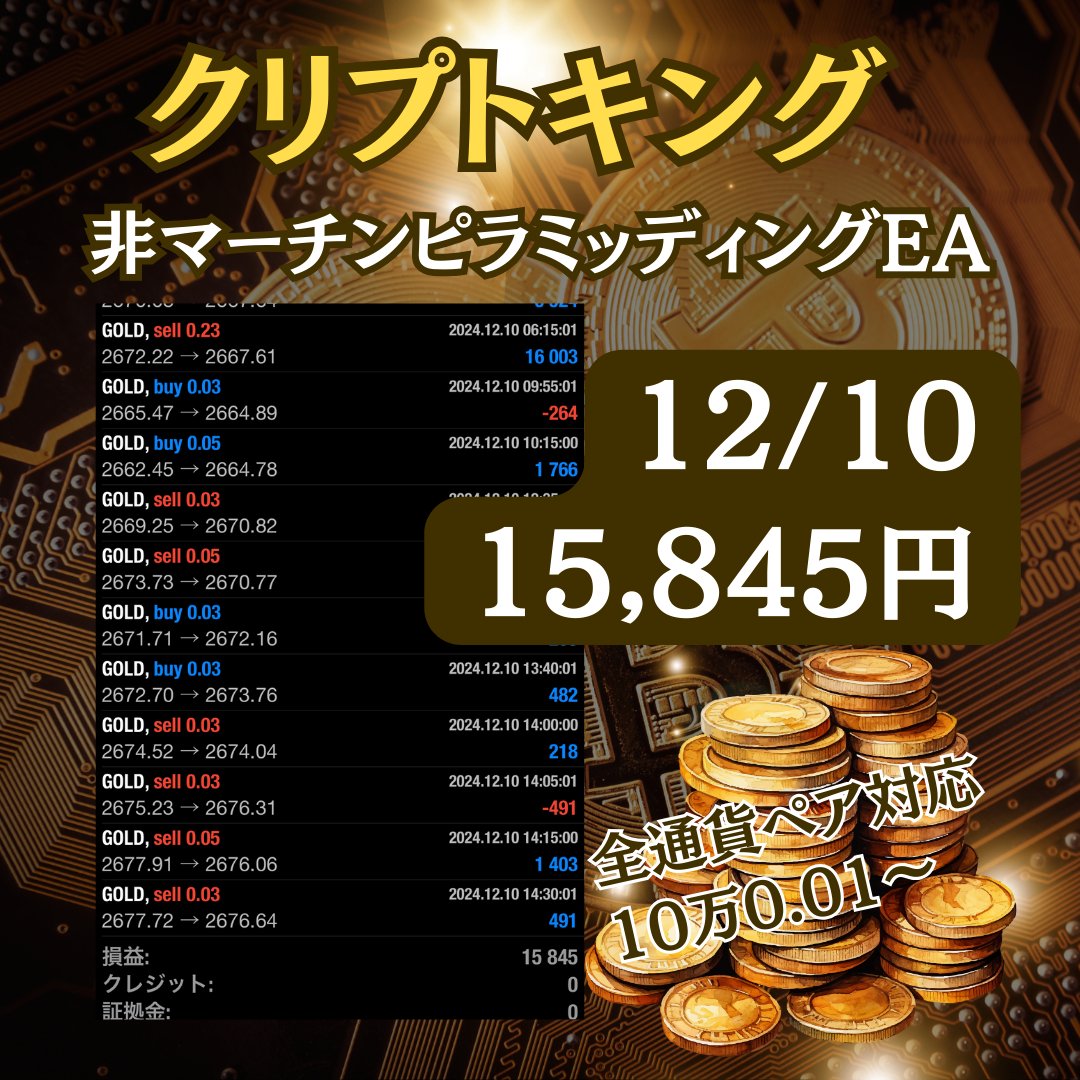 ⭐️X史上初最新FX自動売買⭐️

👑👑👑 👑👑👑 👑

億トレーダー開発
🏆Crypto KING🏆

👑👑👑 👑👑👑 👑

【12/10 EA収支】
+15,845円
日利1.5%

最新ロジックにより無駄含み損を無くしてストレスフリー👌

EA受取はプロフURLまで💪
アルトコイン iDeCo