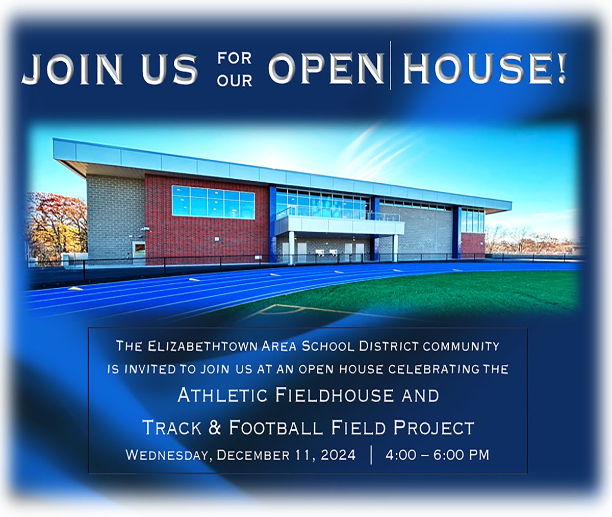 etownPAschools's tweet photo. EASD is excited to invite the community to an open house event celebrating the grand opening of our brand-new Athletic Fieldhouse. The event will take place on Wednesday, December 11, from 4 to 6 p.m. at the school’s sports complex. 

🔗 Event Details: https://t.co/I8XUrGF9L9 https://t.co/3AOIv4Kljj