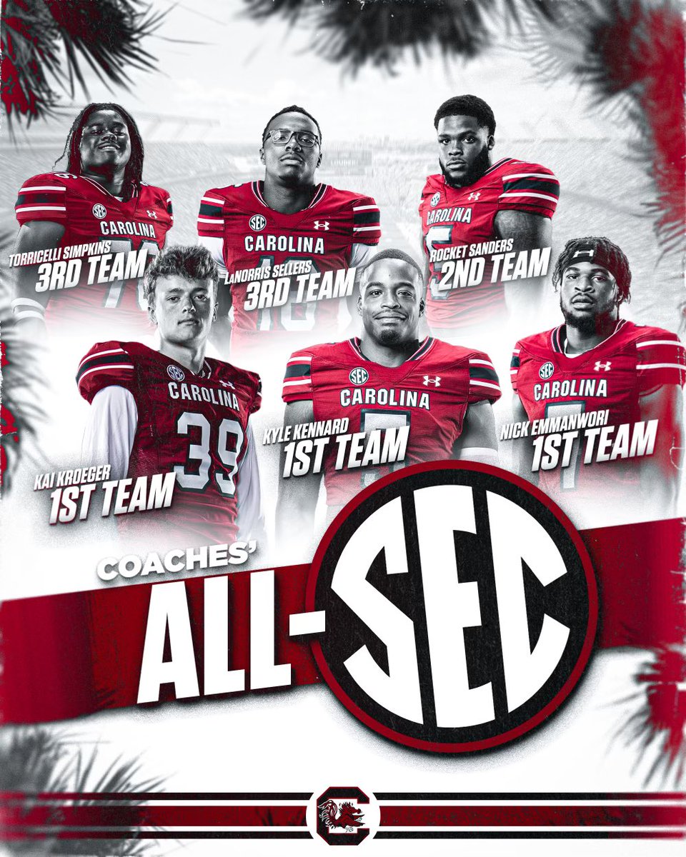 Gamecocks leading the way 🤙

<a href="/kai_kroeger/">Kai Kroeger</a> | <a href="/KyleKennard1/">K9</a> | <a href="/Eman7Nick/">Nick Emmanwori</a> | <a href="/TorricelliSimp1/">Torricelli Simpkins</a> | <a href="/LanorriSellers/">LaNorris Sellers</a> | <a href="/raheim_sanders/">RocketSanders 🚀</a>