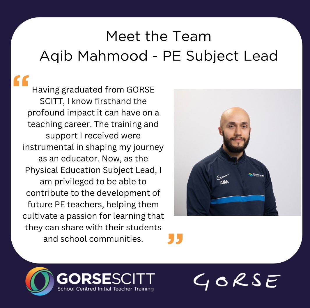 GORSESCITT's tweet image. Meet the team 👋 Aqib Mahmood is our wonderful Physical Education Subject Knowledge Lead providing fantastic training every week! Interested in teaching PE? Visit our website for more information! #PEteacher #subjectknowledge #itt #traintoteach #gorsescitt