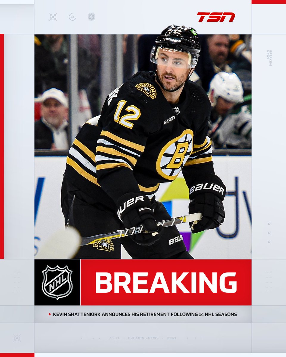 TSN_Sports's tweet photo. Kevin Shattenkirk has officially announced his retirement following 14 NHL seasons.

He played in 952 regular-season NHL games, 91 playoffs games, and won a Stanley Cup in 2020 with Tampa Bay. https://t.co/tJAgjYymqa