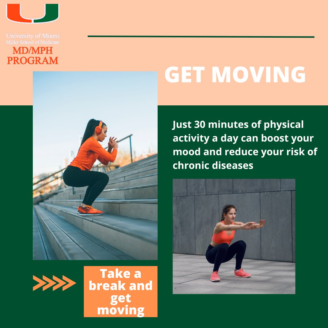 UMMDMPH's tweet photo. Get Moving! 🏃‍♂️ Just 30 minutes of physical activity a day can boost your mood and reduce your risk of chronic diseases. #ExerciseDaily #HealthyHabits #UMiamiMDMPH #PublicHealth #UMMDMPH #Empowerment #HealthcareEducation #MDMPH2024 #MDMPH #universityofmiami
#GetMoving https://t.co/EYqKEllvMV