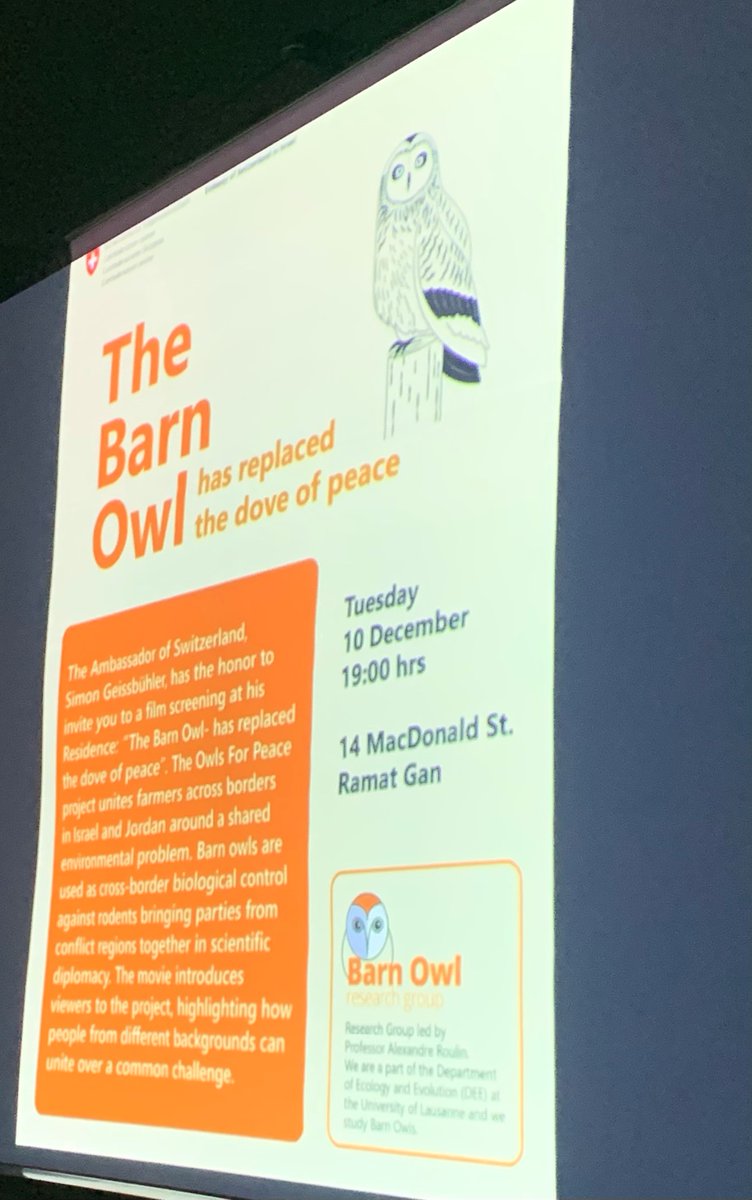 SwissAmbIL's tweet photo. Where #peace promotion & #science diplomacy meet: "Owls for Peace" led by Y. #Leshem @TelAvivUni, A. #Roulin @unil et al. focuses on the barn #owl as a control vs. rodents. This enables parties in #conflict - e.g. in the #NearEast - to come together around a neutral subject. https://t.co/urUZT6m1IY
