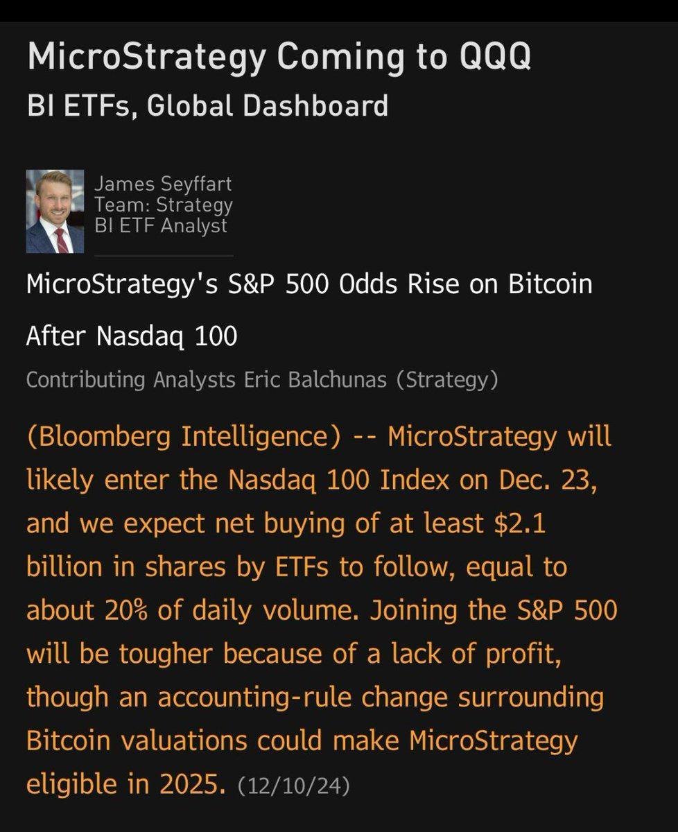 Cointelegraph's tweet photo. 🔥 TODAY: James Seyffart says MicroStrategy "will likely enter the Nasdaq 100" this month.

He also notes, "Joining the S&amp;P 500 will be tougher because of a lack of profit." https://t.co/G5t6upr63U