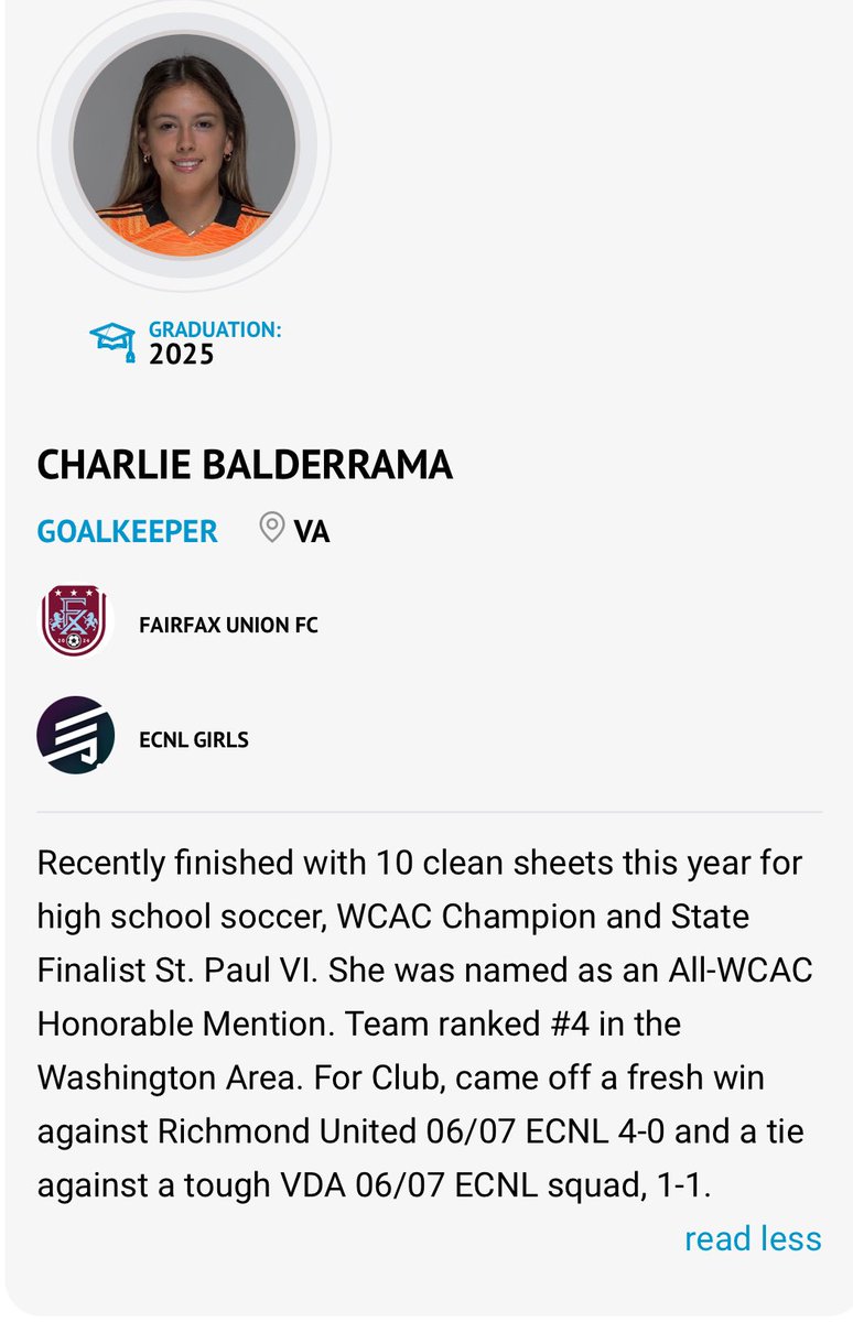 Charlie Balderrama (@charliebalderr3) on Twitter photo Thank you for including me in the Players to watch ECNL St. Louis Winter 2024 list! So excited for the exposure! <a href="/TheSoccerWire/">SoccerWire</a> <a href="/UnionECNL/">Union ECNL Girls Recruiting</a>
<a href="/ecnl06/">Union 06 ECNL (McLean)</a>
<a href="/ffxvaunion/">Fairfax VA Union ECNL</a> Thank you for including me in the Players to watch ECNL St. Louis Winter 2024 list! So excited for the exposure! <a href="/TheSoccerWire/">SoccerWire</a> <a href="/UnionECNL/">Union ECNL Girls Recruiting</a>
<a href="/ecnl06/">Union 06 ECNL (McLean)</a>
<a href="/ffxvaunion/">Fairfax VA Union ECNL</a>