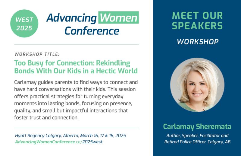 Join Carlamay Sheremata at #AWCWEST2025  for her keynote "Being Pink in a Blue World" &amp; workshop "Rekindling Bonds with Our Kids in a Hectic World."🌐Learn to stay authentic, embrace empathy, and redefine womanhood. 

Register now! advancingwomenconference.ca/2025west/