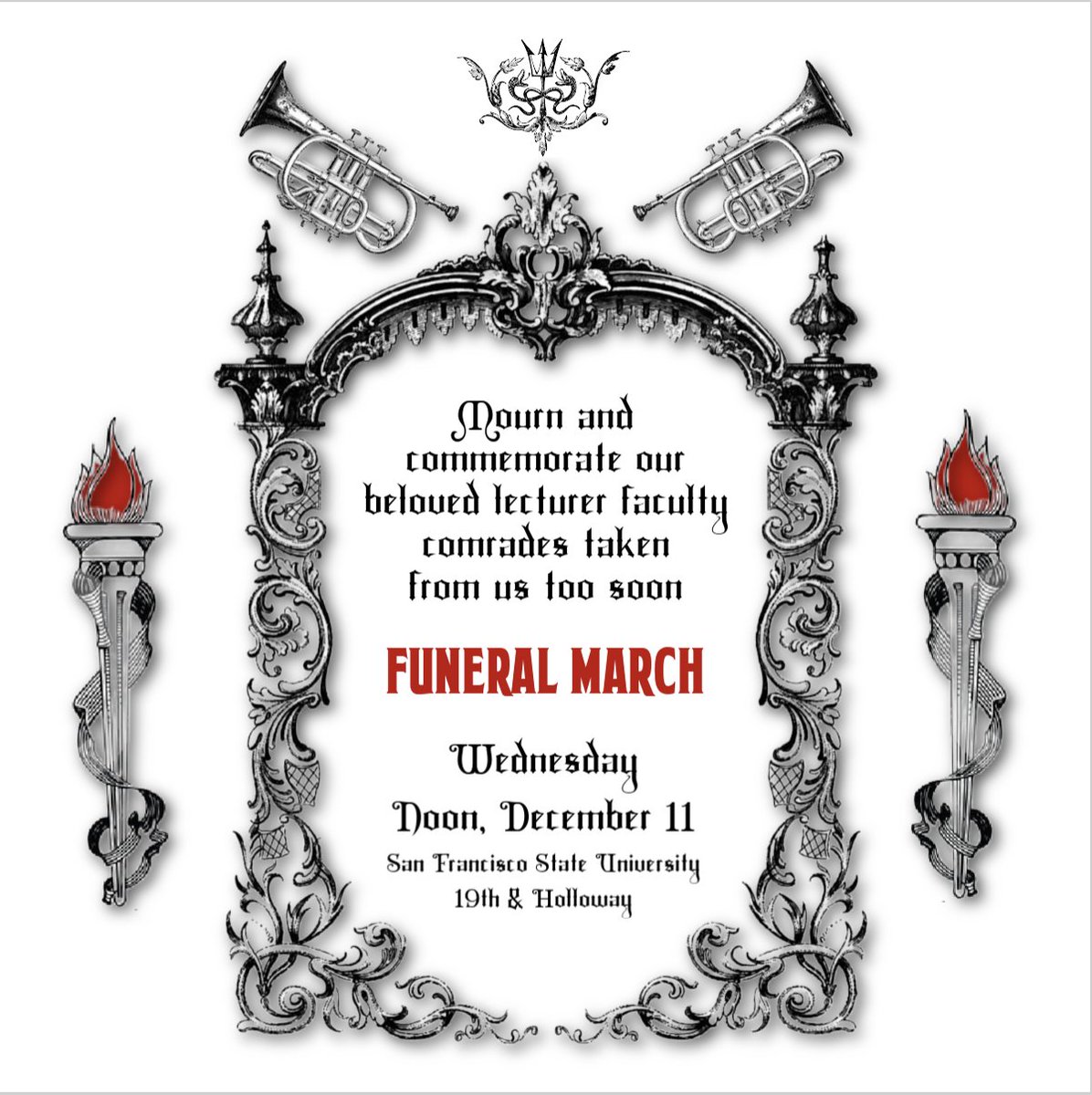 Join us tomorrow, Wednesday, December 11 at noon on 19th and Holloway (SFSU), to mourn and commemorate our beloved lecturer faculty comrades taken from us too soon.

See this Instagram photo by @cfasfstate instagram.com/p/DDKsMckS1Zn/…