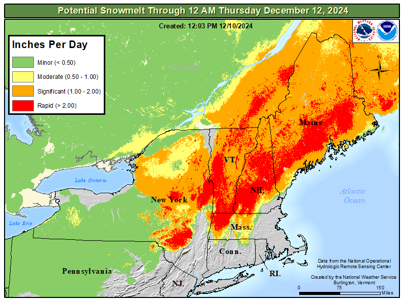 NWSBurlington's tweet photo. Most areas in VT could see excessive rainfall tomorrow into Thursday. With temperatures above freezing,  rainfall and melting snow could lead to creek and river flooding, especially near the Winooski and Mad rivers, and Otter Creek. Remember turn around, don't drown! #VTwx #NYwx https://t.co/sEBsWr6OGR
