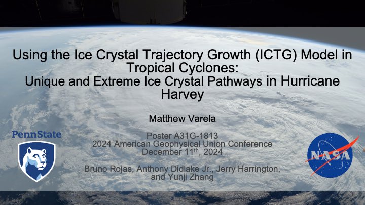 Stop by my #AGU24 poster tomorrow between 10am and 11:30am to hear about my current M.S. work involving ice crystal modeling in tropical cyclones!