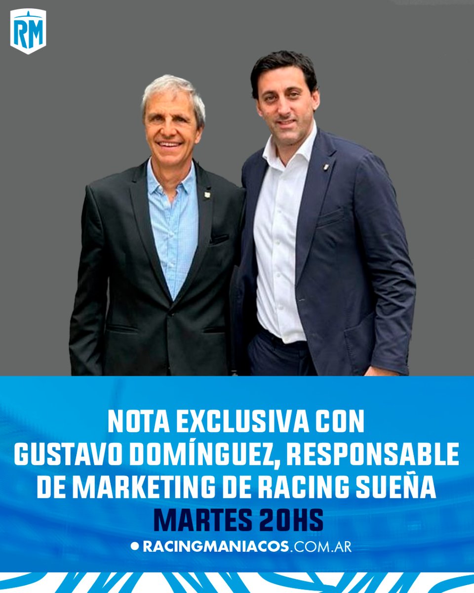 ¡Atención hinchas de #Racing! ⚠️

Hoy desde las 2️⃣0️⃣:0️⃣0️⃣, tendremos la palabra de Gustavo Domínguez, responsable de marketing de #RacingSueña. 

👉 Ingresá y activá el recordatorio: youtube.com/live/1IdBx4lNa…

¡No te lo pierdas! 💙🎓🙌