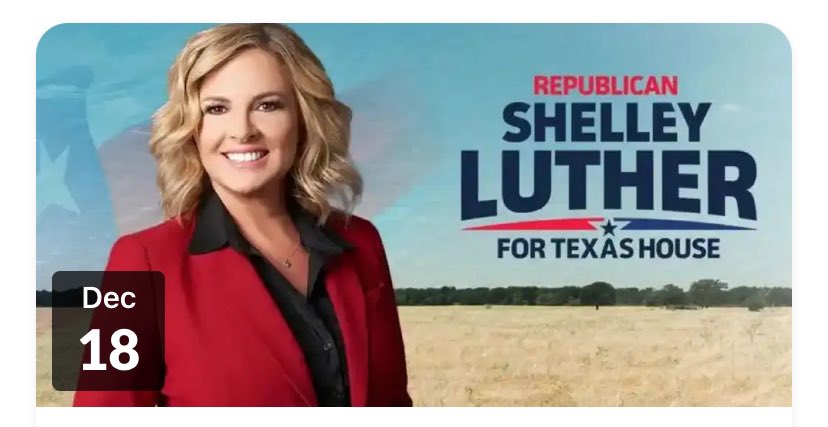 HoodCountyGOPTX's tweet photo. You’re Invited. Join Us next Wednesday, December 18…as we welcome @ShelleyLuther to Granbury! https://t.co/Y8QiUtWS2r