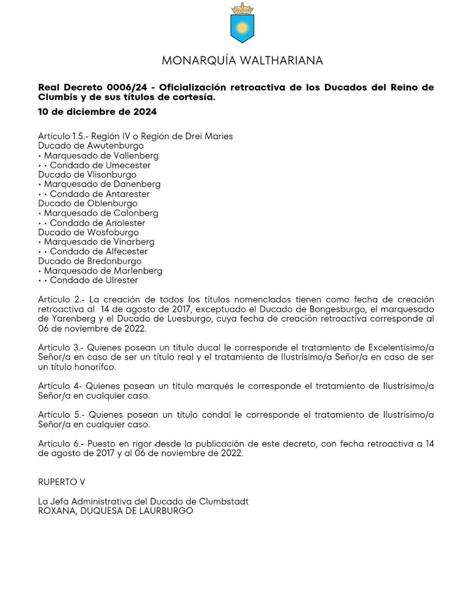 Real Decreto 0006/24:
Lista de todos los títulos nobiliarios con injerencia gubernamental.

Faltantes en el documento:
Artículo 1.4.- Región III o Región de Kajetan Thiene
Ducado de Zuerbuergo
Ducado de Blaunburgo
Ducado de Drienburgo