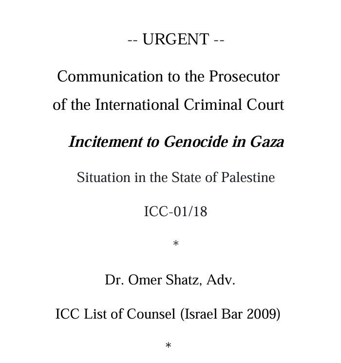 Statewatch (@statewatcheu) on Twitter photo A case has been filed at the ICC to prosecute Israeli officials for incitement to genocide 🚨
Dr. <a href="/shatzomer/">Omer Shatz</a>, a Franco-Israeli lawyer has filed a case with the <a href="/IntlCrimCourt/">Int'l Criminal Court</a>, calling for the prosecution of eight individuals for the crime of incitement to #genocide.
1/3 A case has been filed at the ICC to prosecute Israeli officials for incitement to genocide 🚨
Dr. <a href="/shatzomer/">Omer Shatz</a>, a Franco-Israeli lawyer has filed a case with the <a href="/IntlCrimCourt/">Int'l Criminal Court</a>, calling for the prosecution of eight individuals for the crime of incitement to #genocide.
1/3
