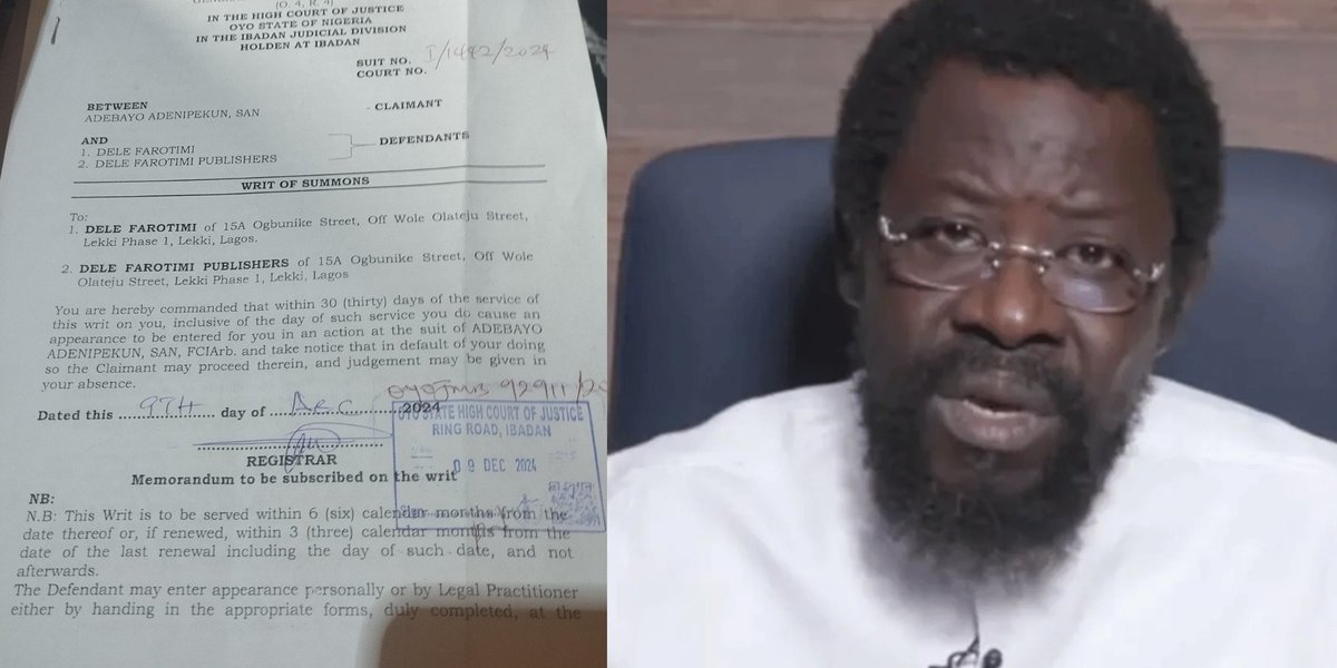 SaharaReporters's tweet photo. Nigerian Senior Advocate, Adebayo Adenipekun Sues Dele Farotimi To Oyo State High Court | Sahara Reporters  https://t.co/6IhdMveC1v https://t.co/yiLfS6yiC4