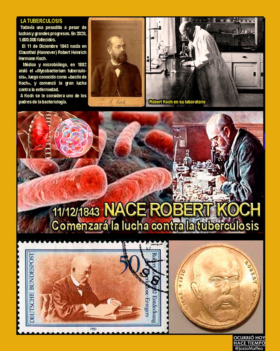 JostoMaffeo's tweet photo. 🔬🧫🦠 TUBERCULOSIS, pesadilla a pesar de luchas y progresos. 

11 Diciembre 1843. Nace en #Clausthal (Hannover) Robert Heinrich Hermann #Koch. 

 #Médico #microbiólogo, en 1882 aislará el «#Mycobacterium #tuberculosis», conocido como «bacilo de Koch», y comenzará la gran lucha. https://t.co/Mdyn7AAksO