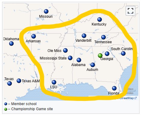 wesj_42's tweet photo. Not a hot take: Only schools inside the circle should have a say where the SEC Championship is played at. Schools outside the circle should just be happy they were invited for the ride. https://t.co/LWnKh6I9DK