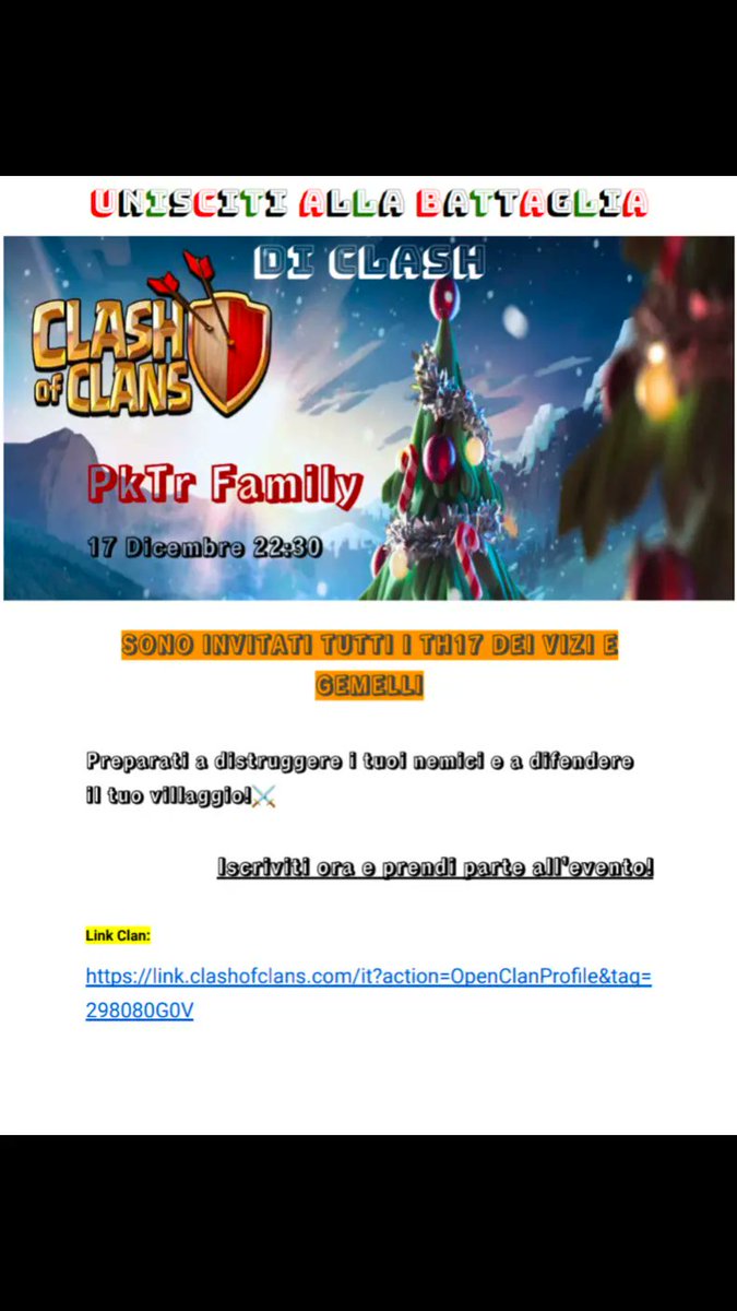 Buonasera a tutti giocatori della PkTr Family🇮🇹 e amici e players di CoC.siamo contenti di annunciare la nostra WAR ⚔️50vs50⚔️ organizzata dal Capo di INVIDIA PkTr che salutiamo con calore❤️💪
forms.gle/3hMMg9uDYcibMT…
#gopktr #pktr #ClashOfClans